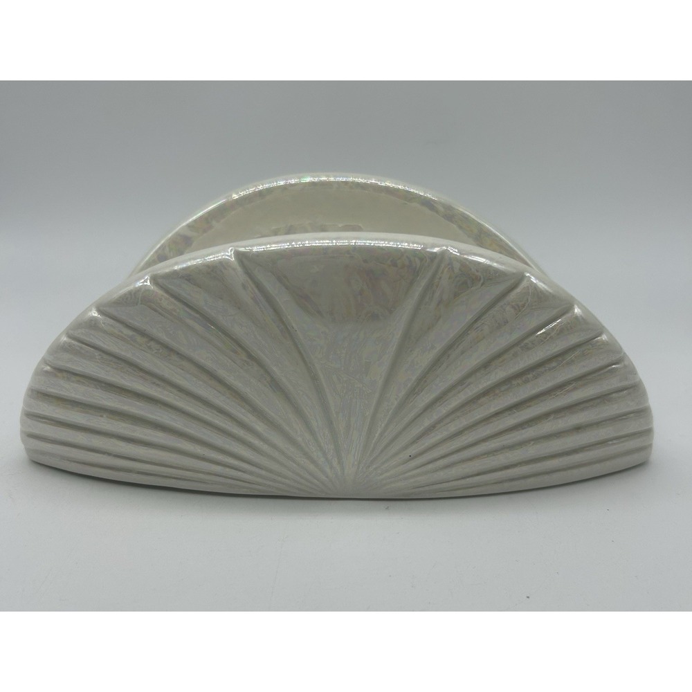 Vtg Iridescent Shell Shape Ceramic Towel Holder Nautical 80s Bathroom EX Napkin